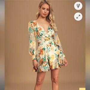 ASTR the Label Aja Cream Multi Floral Print Long Sleeve Wrap Mini Dress